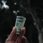a hand holding a rolled up dollar bill