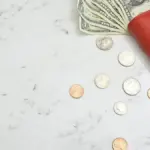 a red leather case with money coming out of it